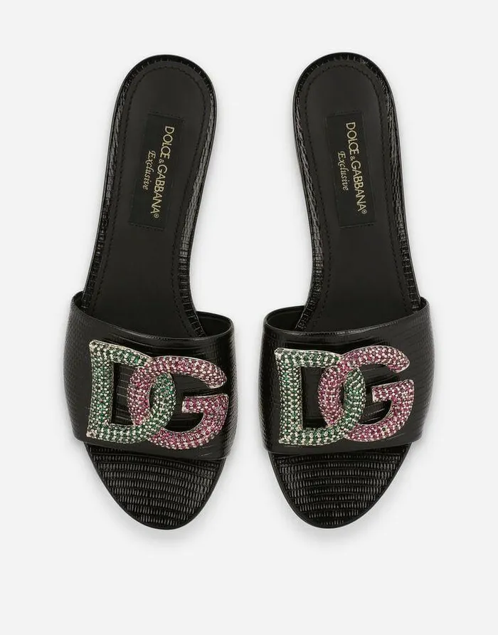 Dolce and Gabbana Slides And Mules Women Iguanaprint Calfskin Slides With Rhinestonedetailed DG Logo Black Dolce and Gabbana Slides And Mules Women Iguanaprint Calfskin Slides With Rhinestonedetailed DG Logo Black