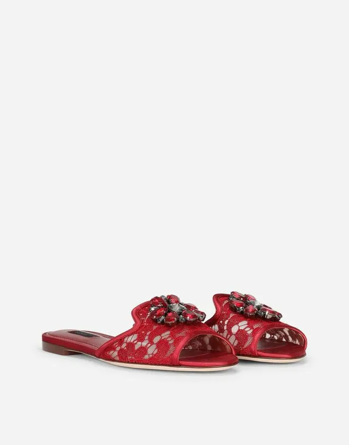 Dolce and Gabbana Slides And Mules Women Lace Rainbow Slides With Brooch Detailing Red Dolce and Gabbana Slides And Mules Women Lace Rainbow Slides With Brooch Detailing Red