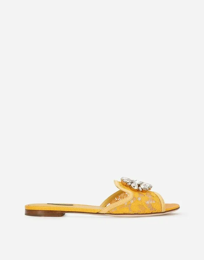 Dolce and Gabbana Slides And Mules Women Lace Rainbow Slides With Brooch Detailing Yellow Dolce and Gabbana Slides And Mules Women Lace Rainbow Slides With Brooch Detailing Yellow