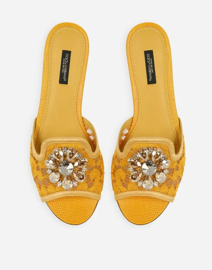 Dolce and Gabbana Slides And Mules Women Lace Rainbow Slides With Brooch Detailing Yellow Dolce and Gabbana Slides And Mules Women Lace Rainbow Slides With Brooch Detailing Yellow
