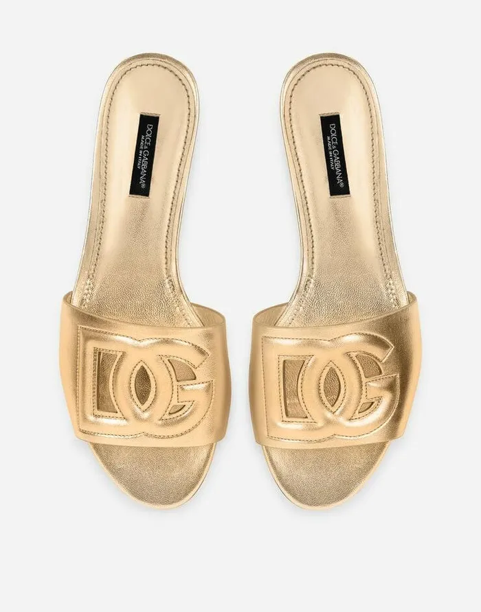 Dolce and Gabbana Slides And Mules Women Nappa Mordore Slides With DG Logo Gold Dolce and Gabbana Slides And Mules Women Nappa Mordore Slides With DG Logo Gold