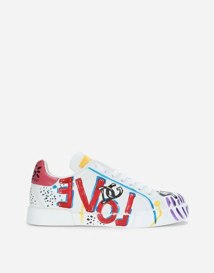 Dolce and Gabbana Sneakers Women Calfskin Portofino Sneakers With Lettering Multicolor