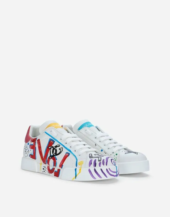 Dolce and Gabbana Sneakers Women Calfskin Portofino Sneakers With Lettering Multicolor