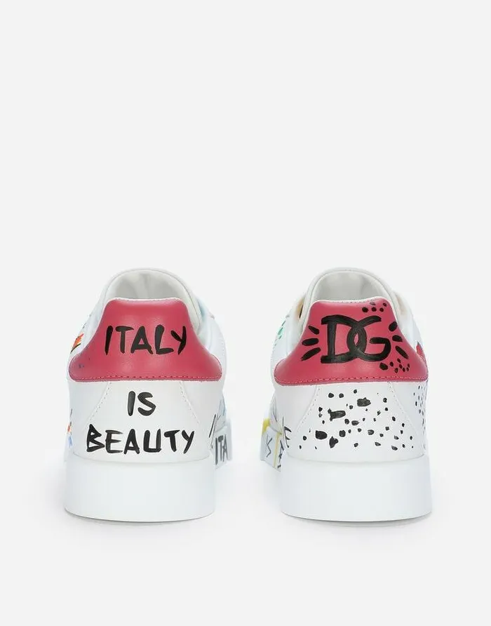 Dolce and Gabbana Sneakers Women Calfskin Portofino Sneakers With Lettering Multicolor