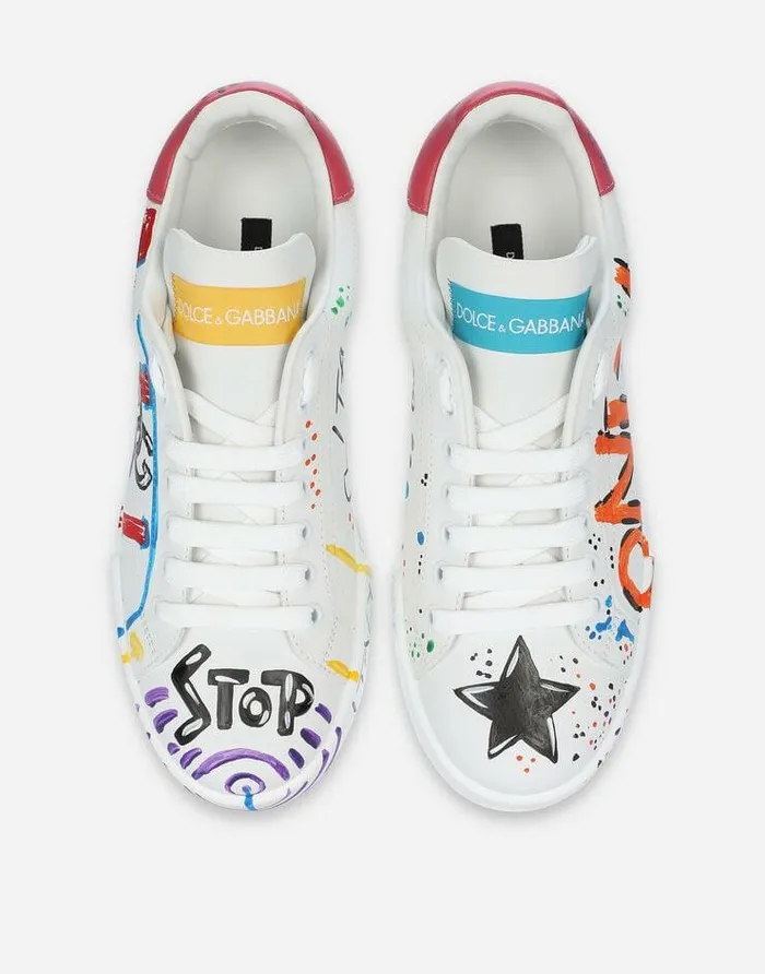 Dolce and Gabbana Sneakers Women Calfskin Portofino Sneakers With Lettering Multicolor