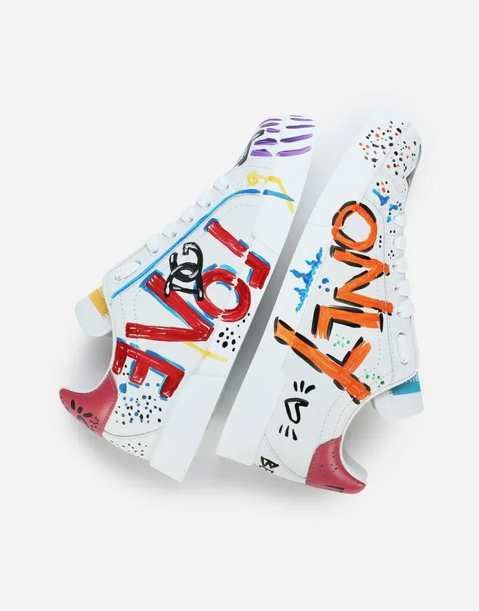 Dolce and Gabbana Sneakers Women Calfskin Portofino Sneakers With Lettering Multicolor
