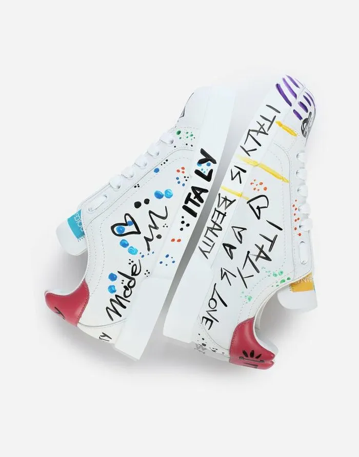 Dolce and Gabbana Sneakers Women Calfskin Portofino Sneakers With Lettering Multicolor