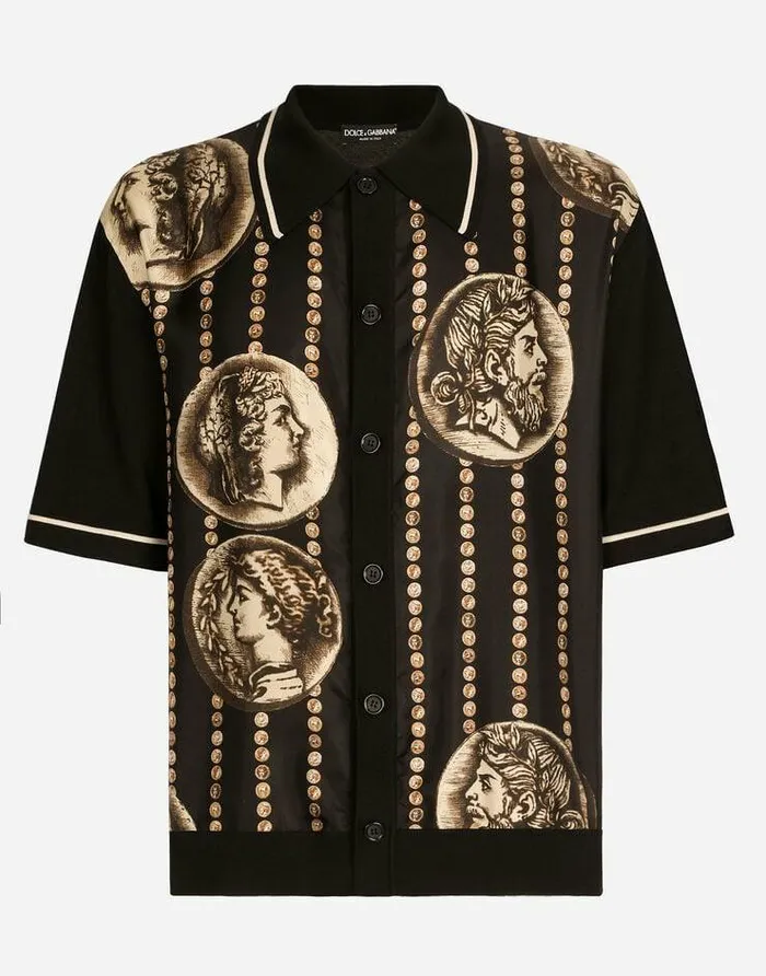 Dolce and Gabbana Sweaters And Cardigans Men Coin Print Polo Shirt With Panel Multicolor