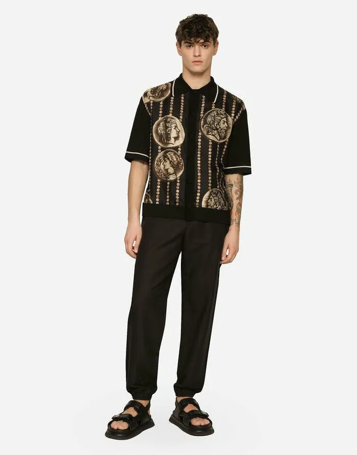 Dolce and Gabbana Sweaters And Cardigans Men Coin Print Polo Shirt With Panel Multicolor Dolce and Gabbana Sweaters And Cardigans Men Coin Print Polo Shirt With Panel Multicolor