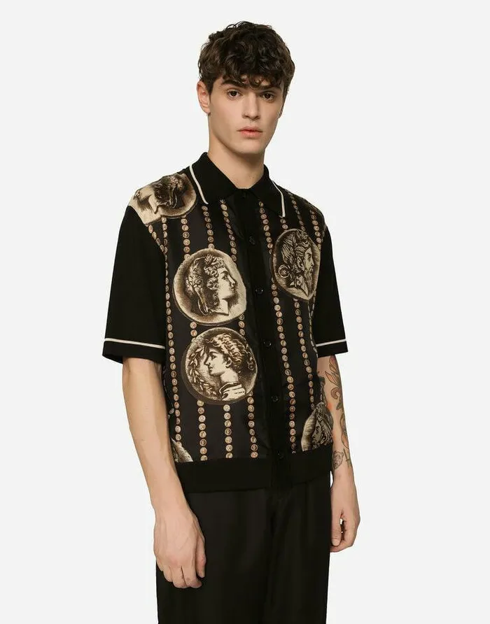 Dolce and Gabbana Sweaters And Cardigans Men Coin Print Polo Shirt With Panel Multicolor Dolce and Gabbana Sweaters And Cardigans Men Coin Print Polo Shirt With Panel Multicolor