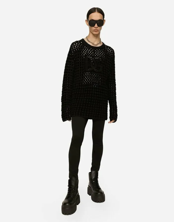 Dolce and Gabbana Sweaters And Cardigans Men Crochetstitch Roundneck Sweater With DG Logo Black Dolce and Gabbana Sweaters And Cardigans Men Crochetstitch Roundneck Sweater With DG Logo Black