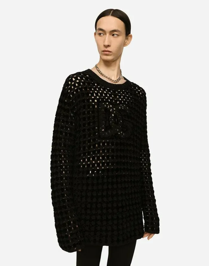 Dolce and Gabbana Sweaters And Cardigans Men Crochetstitch Roundneck Sweater With DG Logo Black Dolce and Gabbana Sweaters And Cardigans Men Crochetstitch Roundneck Sweater With DG Logo Black