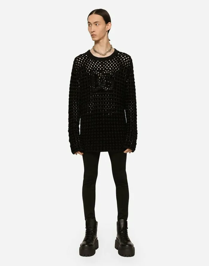 Dolce and Gabbana Sweaters And Cardigans Men Crochetstitch Roundneck Sweater With DG Logo Black Dolce and Gabbana Sweaters And Cardigans Men Crochetstitch Roundneck Sweater With DG Logo Black