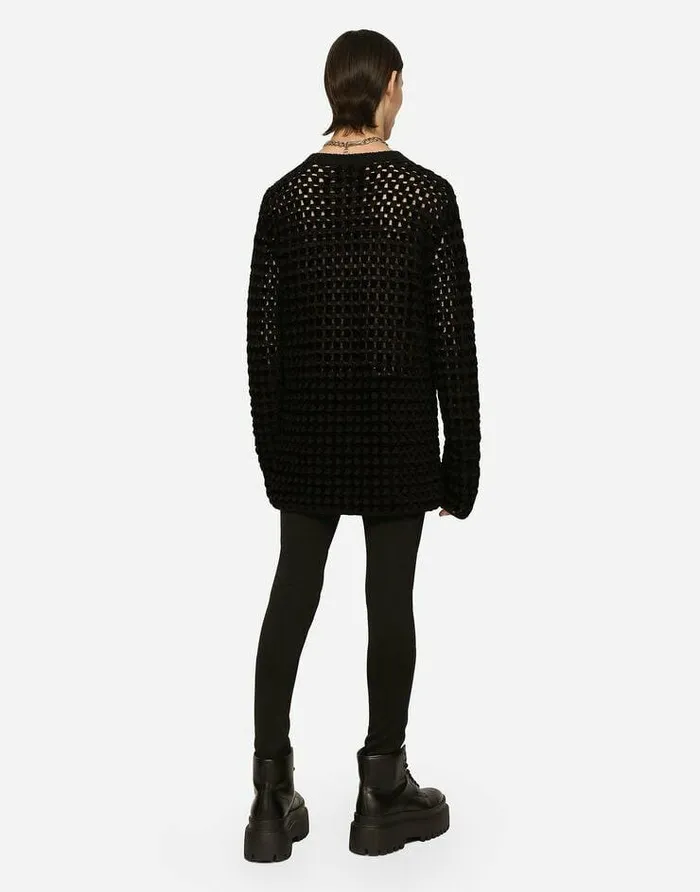 Dolce and Gabbana Sweaters And Cardigans Men Crochetstitch Roundneck Sweater With DG Logo Black Dolce and Gabbana Sweaters And Cardigans Men Crochetstitch Roundneck Sweater With DG Logo Black