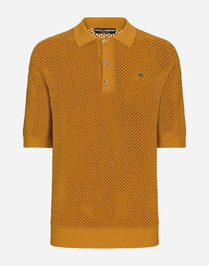 Dolce and Gabbana Sweaters And Cardigans Men Meshstitch Poloshirt With DG Hardware Beige