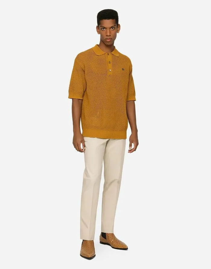 Dolce and Gabbana Sweaters And Cardigans Men Meshstitch Poloshirt With DG Hardware Beige Dolce and Gabbana Sweaters And Cardigans Men Meshstitch Poloshirt With DG Hardware Beige