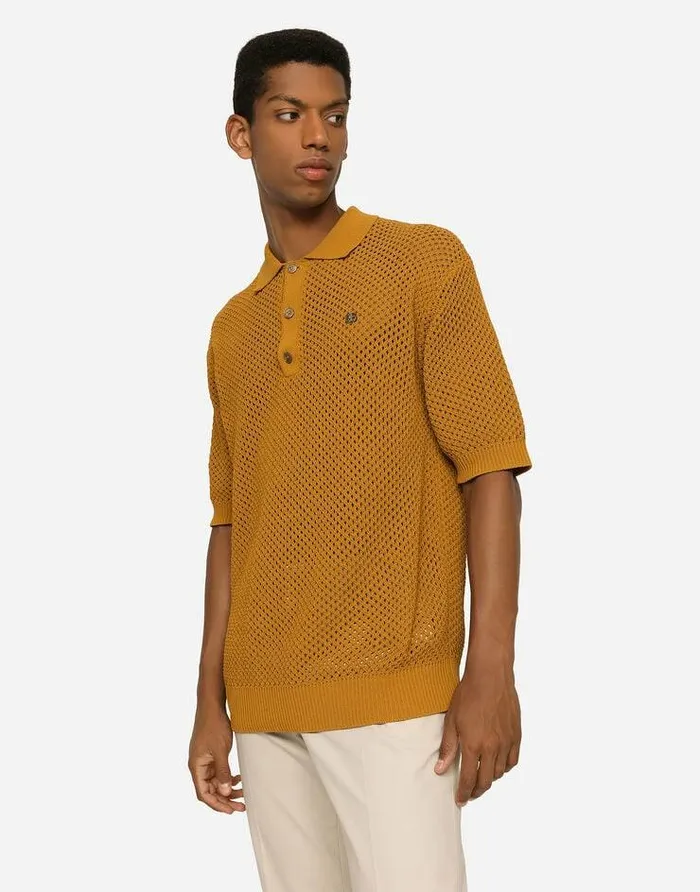 Dolce and Gabbana Sweaters And Cardigans Men Meshstitch Poloshirt With DG Hardware Beige Dolce and Gabbana Sweaters And Cardigans Men Meshstitch Poloshirt With DG Hardware Beige