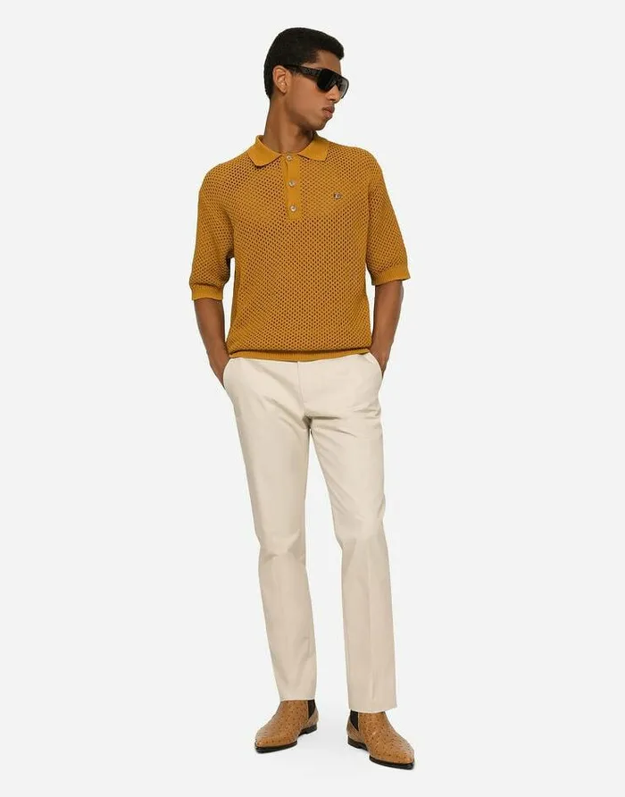 Dolce and Gabbana Sweaters And Cardigans Men Meshstitch Poloshirt With DG Hardware Beige Dolce and Gabbana Sweaters And Cardigans Men Meshstitch Poloshirt With DG Hardware Beige