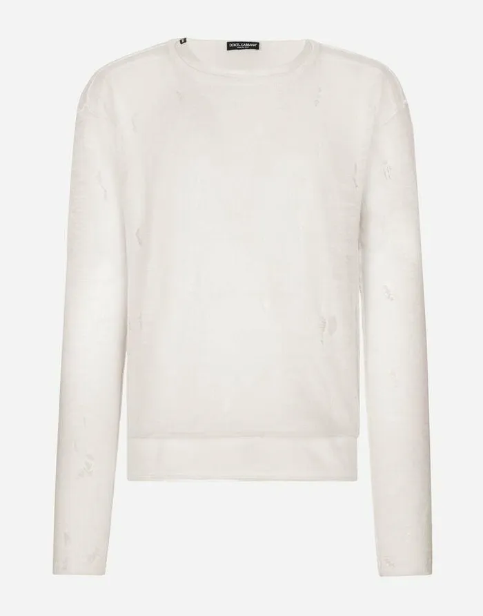 Dolce and Gabbana Sweaters And Cardigans Men Roundneck Technical Linen Sweater With Rips White