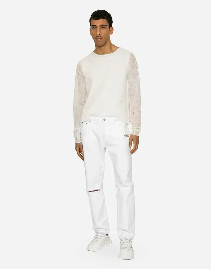 Dolce and Gabbana Sweaters And Cardigans Men Roundneck Technical Linen Sweater With Rips White Dolce and Gabbana Sweaters And Cardigans Men Roundneck Technical Linen Sweater With Rips White