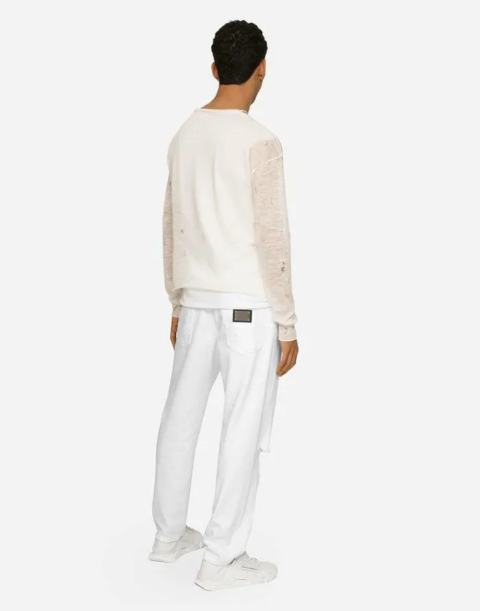 Dolce and Gabbana Sweaters And Cardigans Men Roundneck Technical Linen Sweater With Rips White Dolce and Gabbana Sweaters And Cardigans Men Roundneck Technical Linen Sweater With Rips White