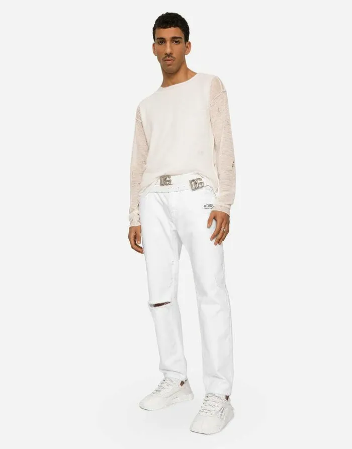 Dolce and Gabbana Sweaters And Cardigans Men Roundneck Technical Linen Sweater With Rips White Dolce and Gabbana Sweaters And Cardigans Men Roundneck Technical Linen Sweater With Rips White