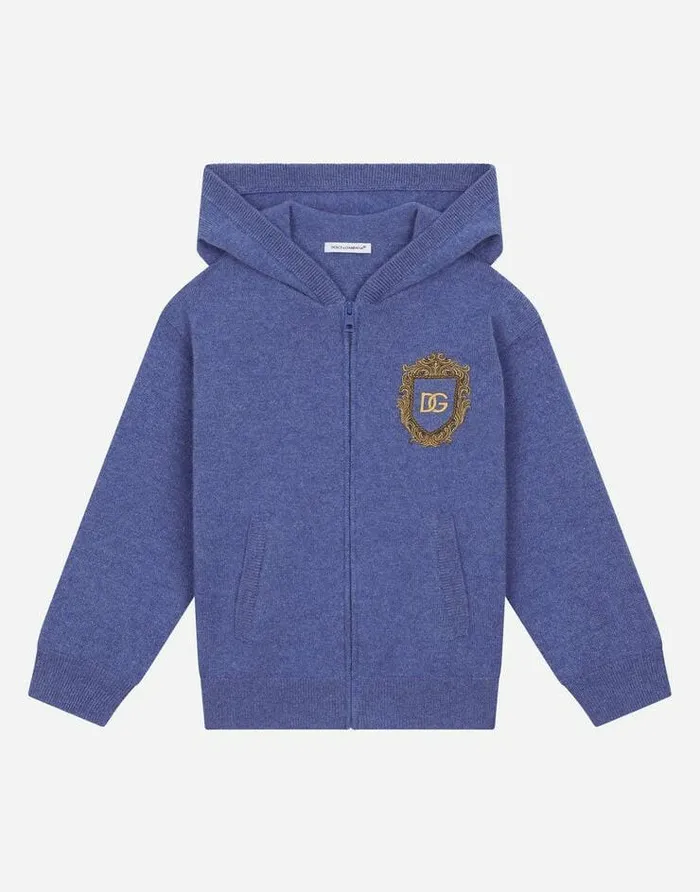 Dolce and Gabbana Sweaters Children Cashmere Hoodie With DG Logo Patch Blue