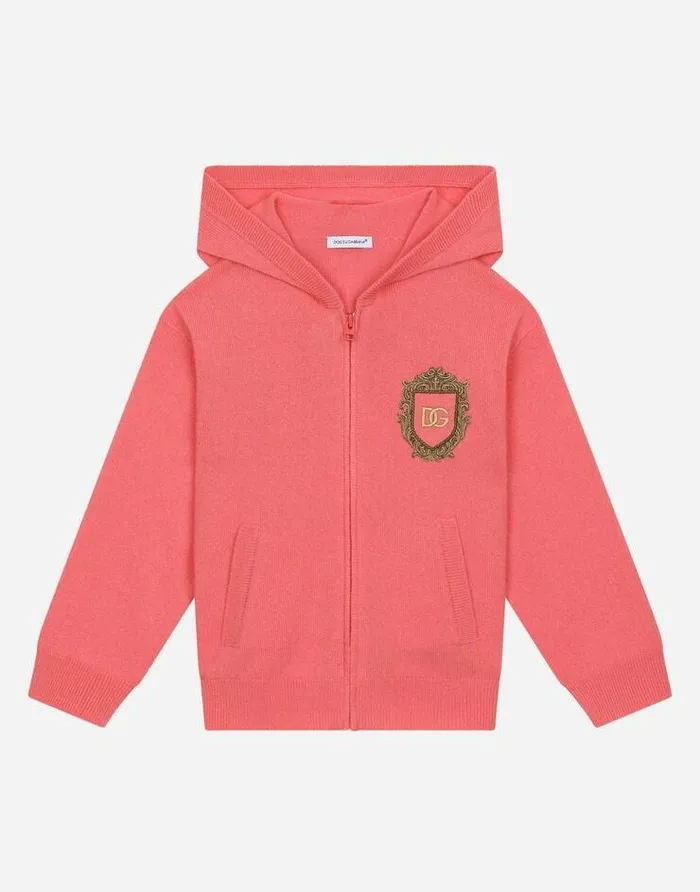 Dolce and Gabbana Sweaters Children Cashmere Hoodie With DG Logo Patch Pink