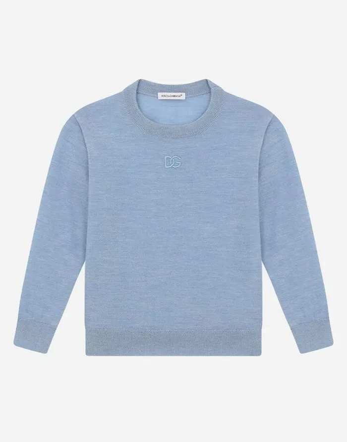 Dolce and Gabbana Sweaters Children Cashmere Roundneck Sweater With DG Logo Embroidery Azure