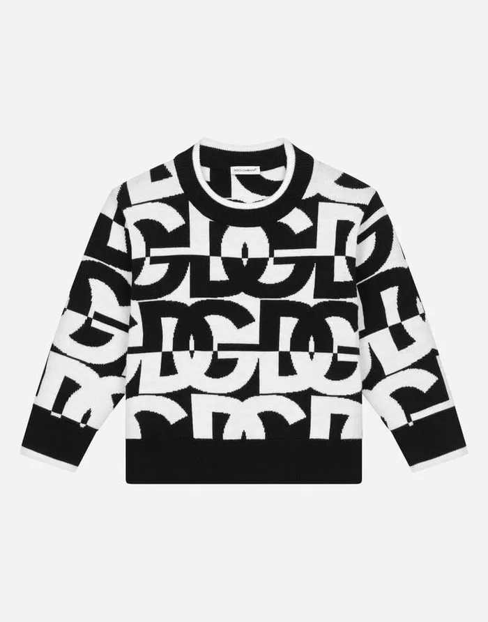 Dolce and Gabbana Sweaters Children Roundneck Sweater With Jacquard DG Logo Multicolor