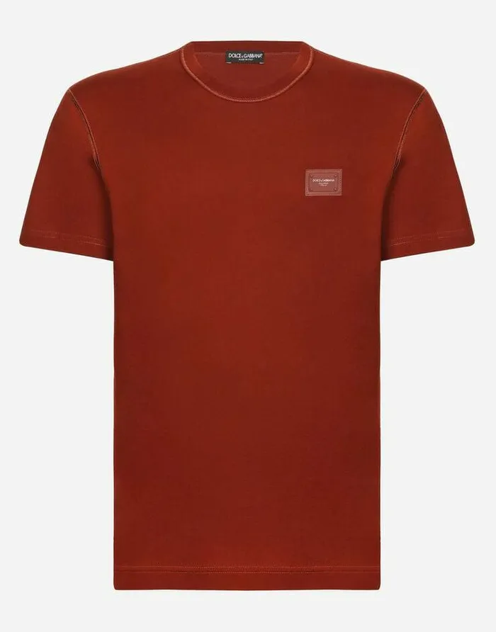 Dolce and Gabbana TShirts And Polos Men Cotton Tshirt With Logoed Plaque Copper Dolce and Gabbana TShirts And Polos Men Cotton Tshirt With Logoed Plaque Copper