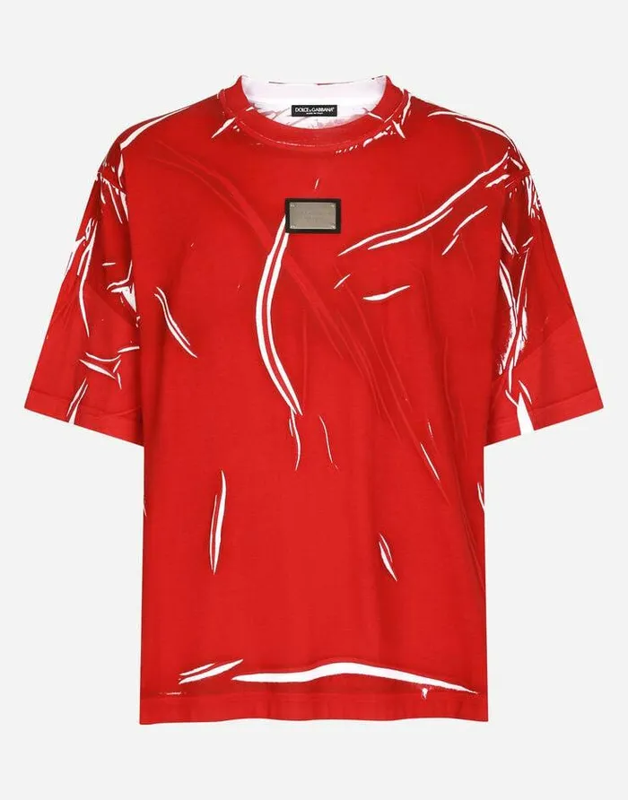 Dolce and Gabbana TShirts And Polos Men Overdyed Cotton Tshirt With Branded Tag Red Dolce and Gabbana TShirts And Polos Men Overdyed Cotton Tshirt With Branded Tag Red
