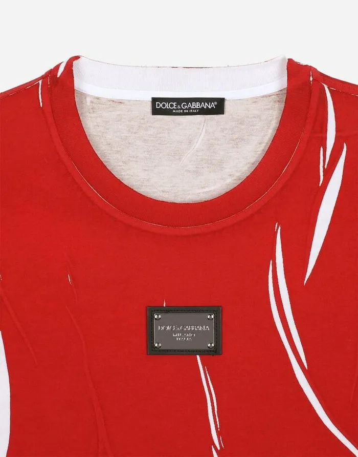 Dolce and Gabbana TShirts And Polos Men Overdyed Cotton Tshirt With Branded Tag Red Dolce and Gabbana TShirts And Polos Men Overdyed Cotton Tshirt With Branded Tag Red