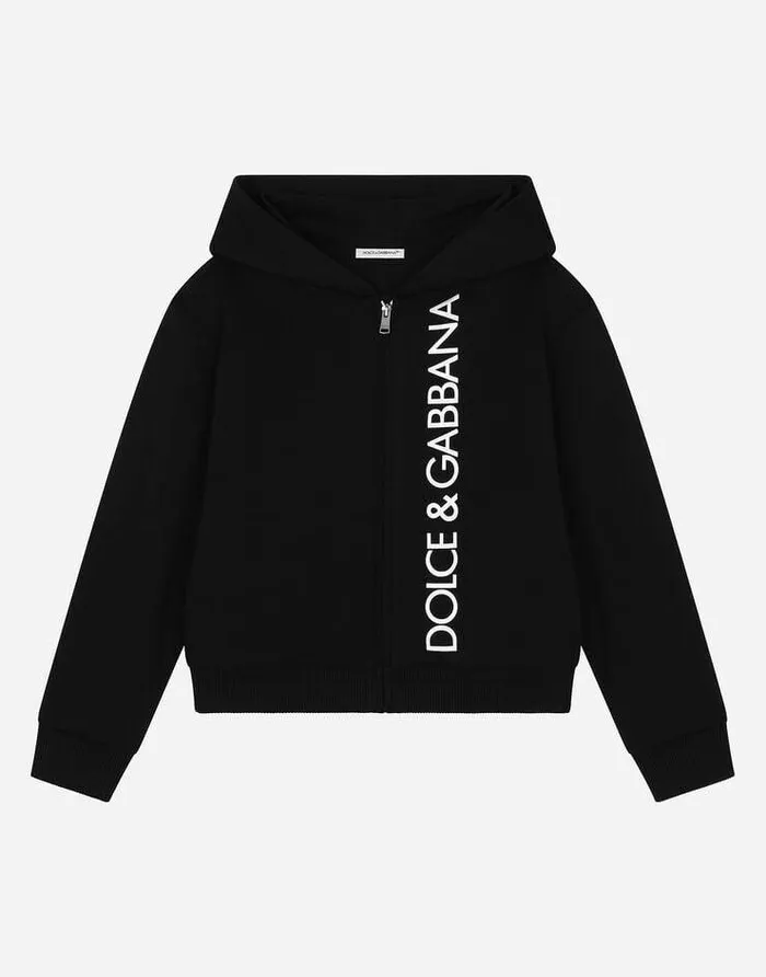 Dolce and Gabbana TShirts And Sweatshirts Children Zipup Hoodie With Logo Print Black Dolce and Gabbana TShirts And Sweatshirts Children Zipup Hoodie With Logo Print Black
