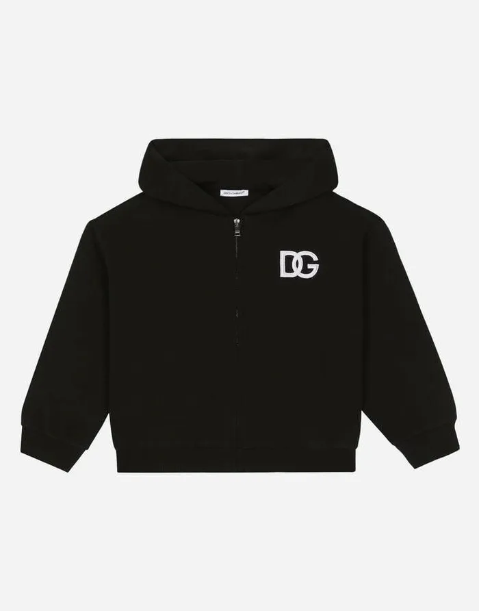 Dolce and Gabbana TShirts And Sweatshirts Children Zipup Jersey Hoodie DG Logo Patch Black