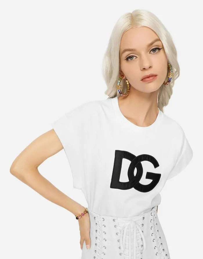 Dolce and Gabbana TShirts And Sweatshirts Women Interlock Tshirt With Satin DG Patch White Dolce and Gabbana TShirts And Sweatshirts Women Interlock Tshirt With Satin DG Patch White