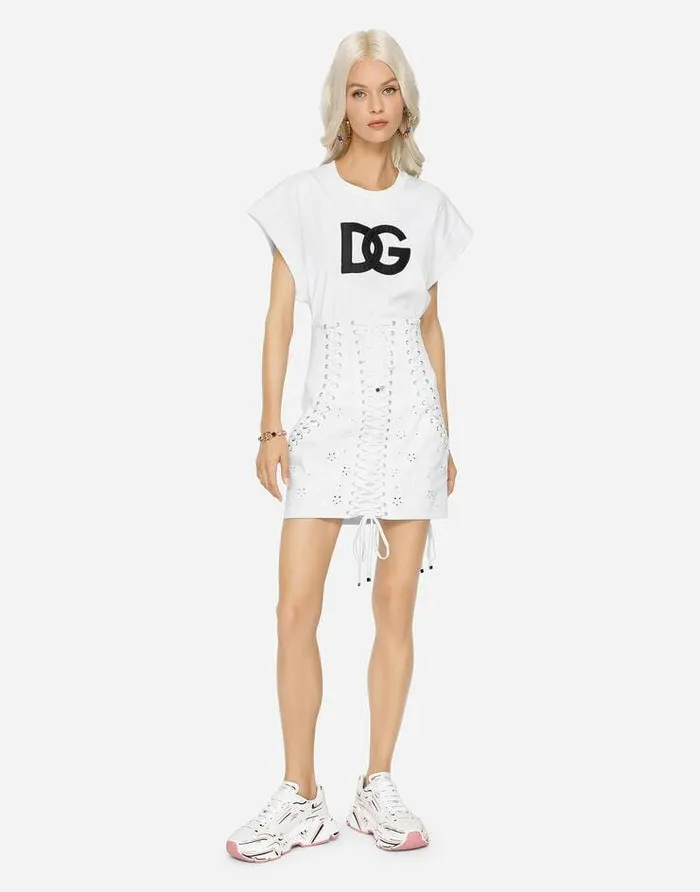 Dolce and Gabbana TShirts And Sweatshirts Women Interlock Tshirt With Satin DG Patch White Dolce and Gabbana TShirts And Sweatshirts Women Interlock Tshirt With Satin DG Patch White