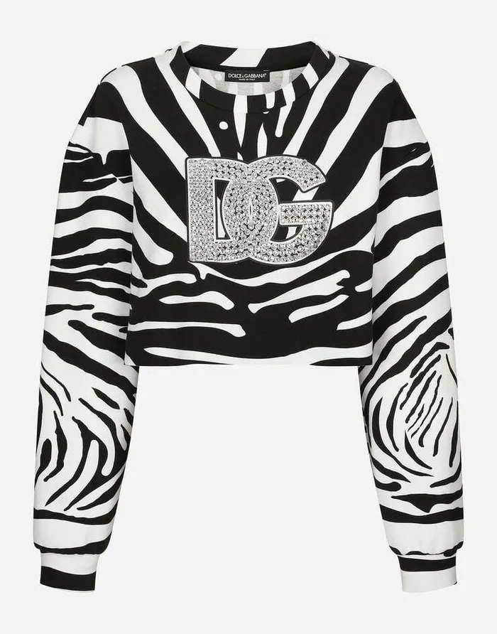 Dolce and Gabbana TShirts And Sweatshirts Women Zebraprint Interlock Sweatshirt With Crystalembellished DG Logo Multicolor Dolce and Gabbana TShirts And Sweatshirts Women Zebraprint Interlock Sweatshirt With Crystalembellished DG Logo Multicolor