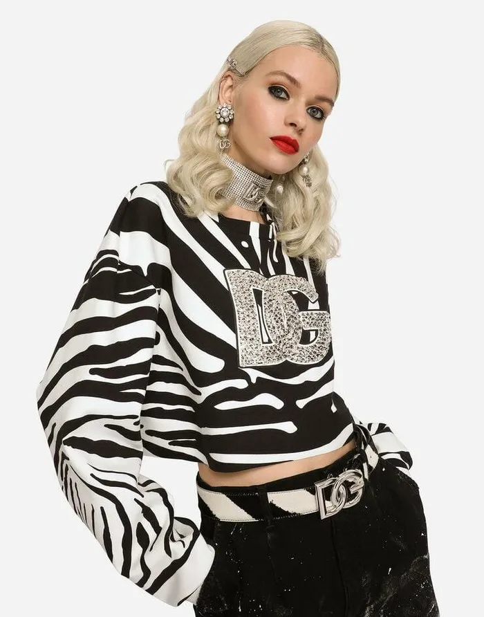 Dolce and Gabbana TShirts And Sweatshirts Women Zebraprint Interlock Sweatshirt With Crystalembellished DG Logo Multicolor Dolce and Gabbana TShirts And Sweatshirts Women Zebraprint Interlock Sweatshirt With Crystalembellished DG Logo Multicolor