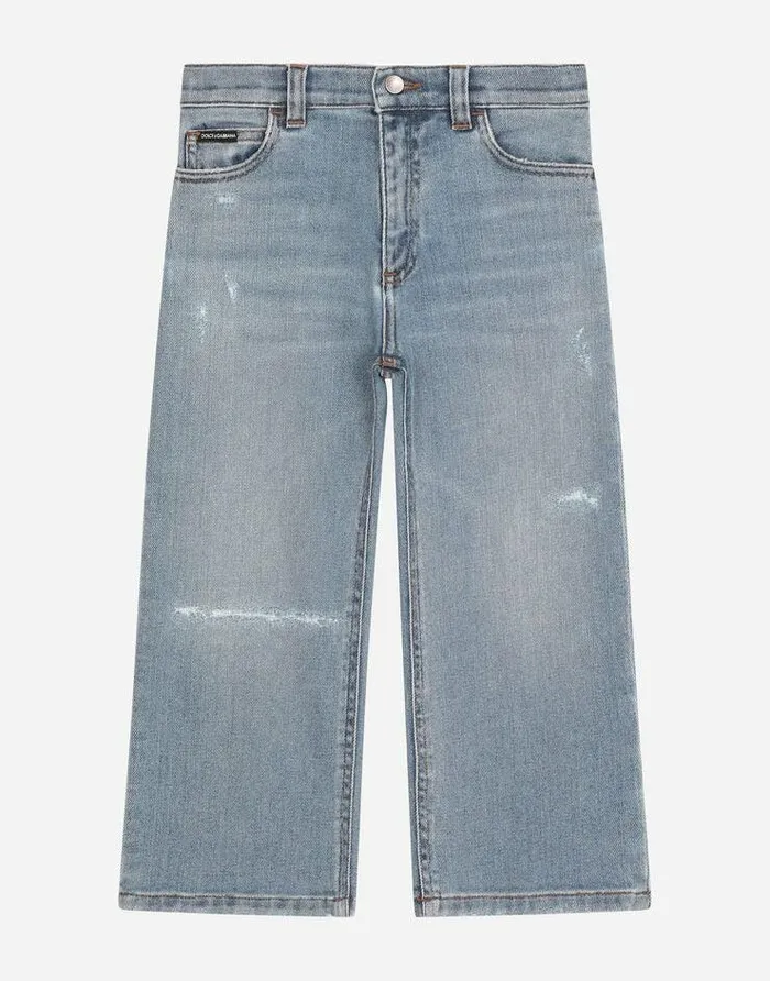 Dolce and Gabbana Trousers And Shorts Children Loose Light Blue Wash Jeans With Rips Multicolor