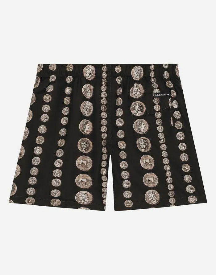 Dolce and Gabbana Trousers And Shorts Children Nylon Swim Trunks With Coin Print Black Dolce and Gabbana Trousers And Shorts Children Nylon Swim Trunks With Coin Print Black