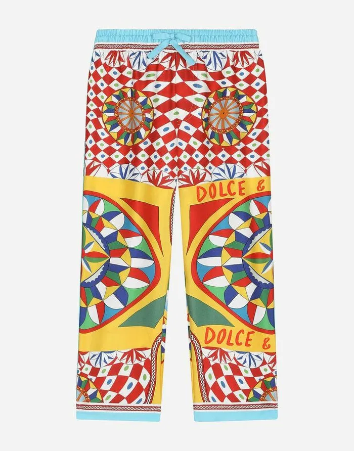Dolce and Gabbana Trousers And Shorts Children Silk Twill Pajama Pants With Carretto Print Red Dolce and Gabbana Trousers And Shorts Children Silk Twill Pajama Pants With Carretto Print Red