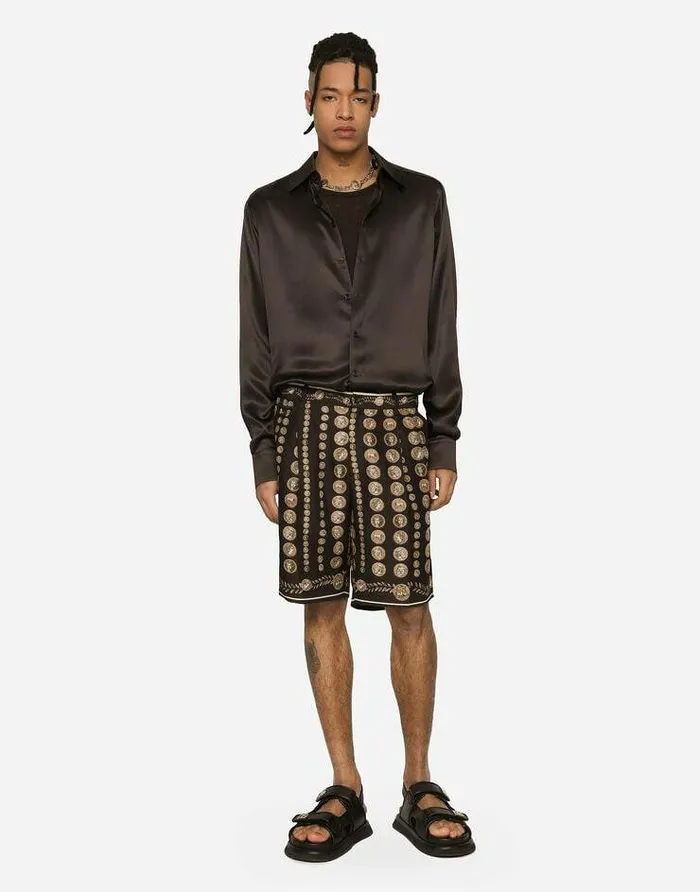 Dolce and Gabbana Trousers And Shorts Men Coin Print Silk Bermuda Shorts Brown Dolce and Gabbana Trousers And Shorts Men Coin Print Silk Bermuda Shorts Brown