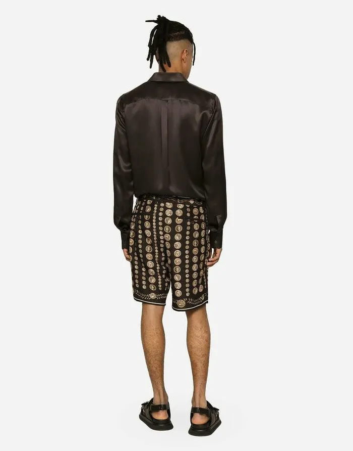 Dolce and Gabbana Trousers And Shorts Men Coin Print Silk Bermuda Shorts Brown Dolce and Gabbana Trousers And Shorts Men Coin Print Silk Bermuda Shorts Brown