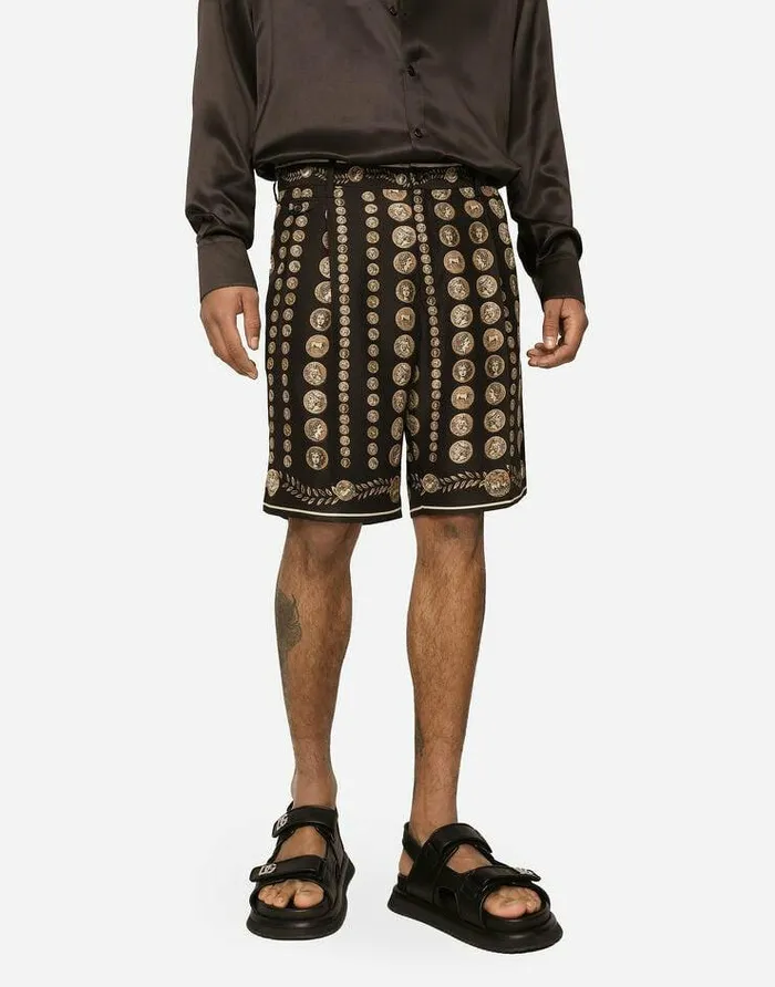 Dolce and Gabbana Trousers And Shorts Men Coin Print Silk Bermuda Shorts Brown Dolce and Gabbana Trousers And Shorts Men Coin Print Silk Bermuda Shorts Brown