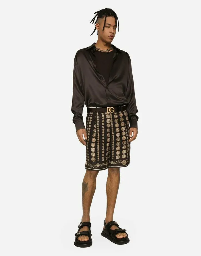 Dolce and Gabbana Trousers And Shorts Men Coin Print Silk Bermuda Shorts Brown Dolce and Gabbana Trousers And Shorts Men Coin Print Silk Bermuda Shorts Brown