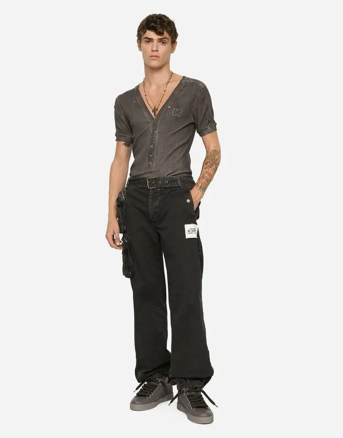 Dolce and Gabbana Trousers And Shorts Men Cotton Pants With Belt And Belt Bag Black Dolce and Gabbana Trousers And Shorts Men Cotton Pants With Belt And Belt Bag Black