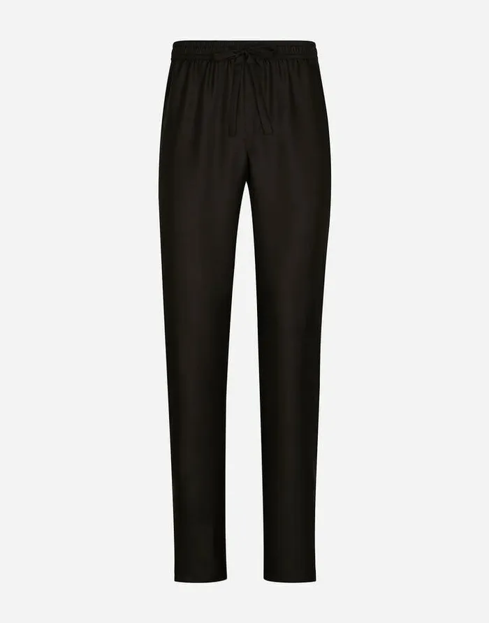 Dolce and Gabbana Trousers And Shorts Men Silk Jogging Pants With DG Embroidered Patch Black Dolce and Gabbana Trousers And Shorts Men Silk Jogging Pants With DG Embroidered Patch Black