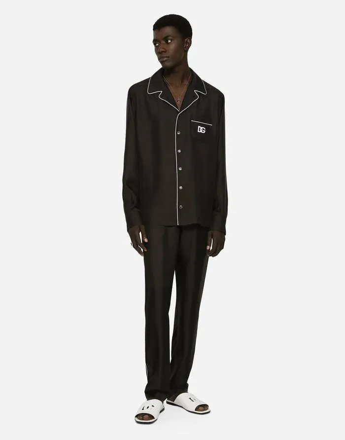 Dolce and Gabbana Trousers And Shorts Men Silk Jogging Pants With DG Embroidered Patch Black Dolce and Gabbana Trousers And Shorts Men Silk Jogging Pants With DG Embroidered Patch Black