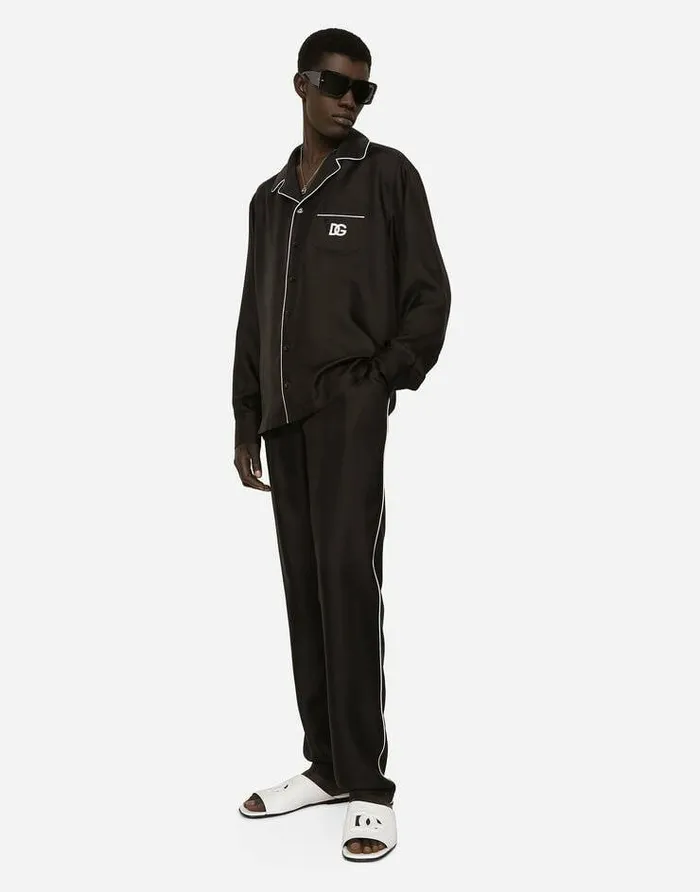 Dolce and Gabbana Trousers And Shorts Men Silk Jogging Pants With DG Embroidered Patch Black Dolce and Gabbana Trousers And Shorts Men Silk Jogging Pants With DG Embroidered Patch Black
